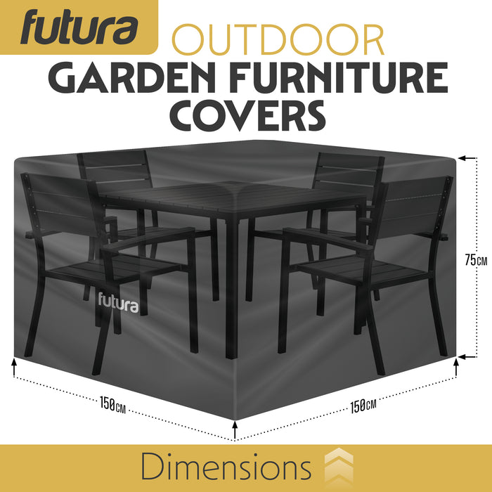 A Futura Patio Cover with a square shape designed for outdoor furniture, featuring a durable waterproof material. The image highlights the spacious 150x150x75cm size, suitable for various furniture types, with an emphasis on its rip-resistant and UV-protected design. Durable handles and a reinforced structure are visible for easy use and secure fit.