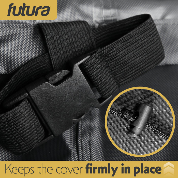 A close-up of the windproof features of the Futura Patio Cover, highlighting durable buckle clips and an adjustable drawstring system for a secure and snug fit, designed to withstand strong winds and outdoor conditions.