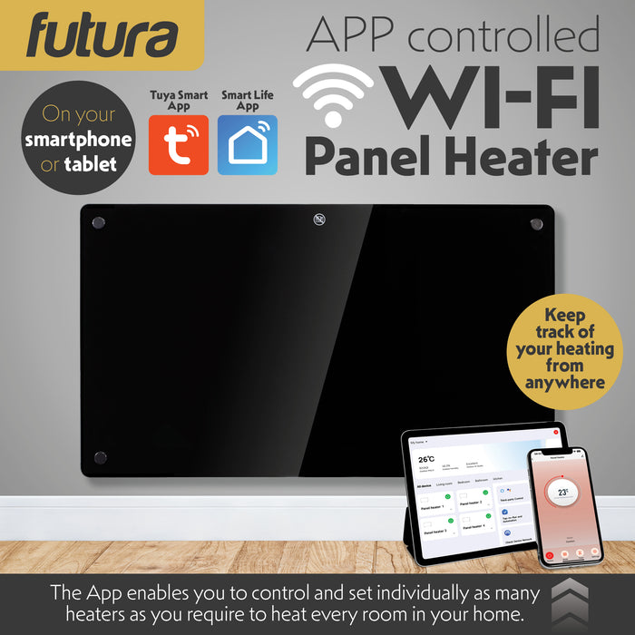 Futura 1500W Black Glass Electric Panel Heater WiFi Wall Mounted