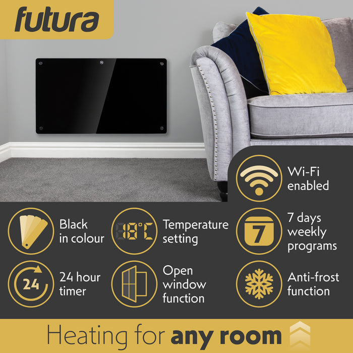 Futura 1500W Black Glass Electric Panel Heater WiFi Wall Mounted