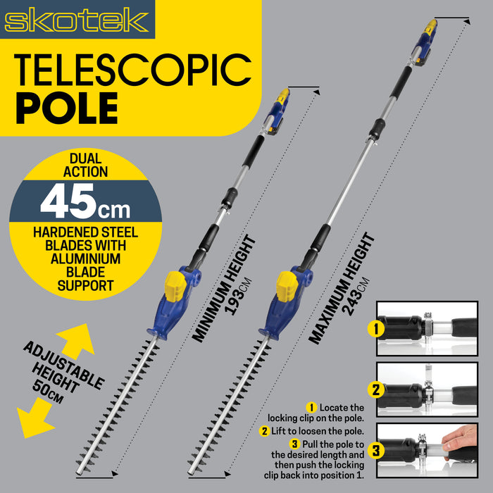 Skotek Cordless Hedge Trimmer 20V Long Reach Extendable Telescopic Pole
