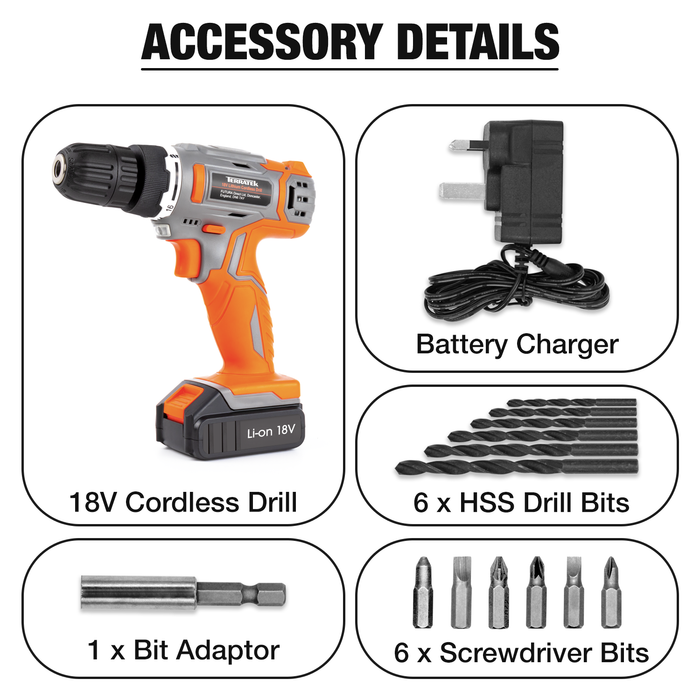 Terratek Cordless Drill 18V and Bit Set with Carry Case