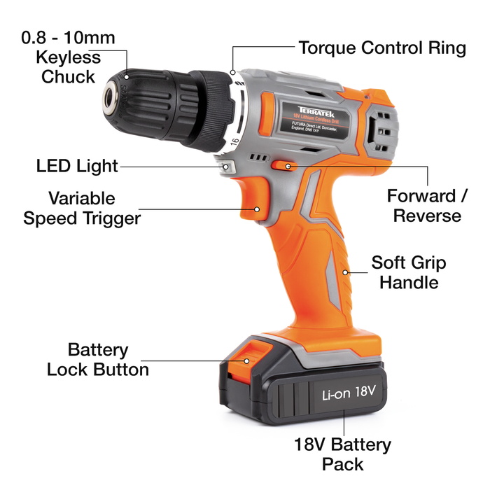 Terratek Cordless Drill 18V and Bit Set with Carry Case