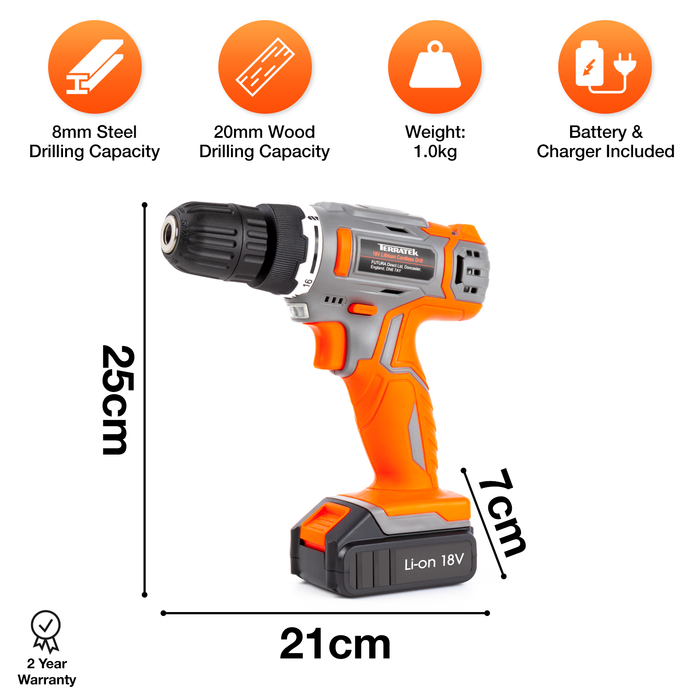 Terratek Cordless Drill 18V and Bit Set with Carry Case